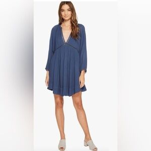 Free People Navy Blue V-Neck Long Sleeve Mini Dress